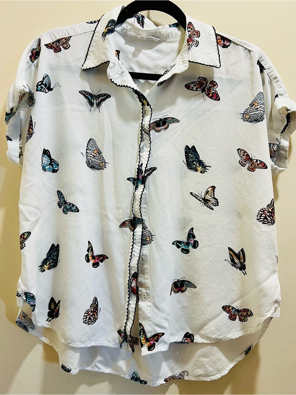 White Butterfly Print Button-Up Blouse